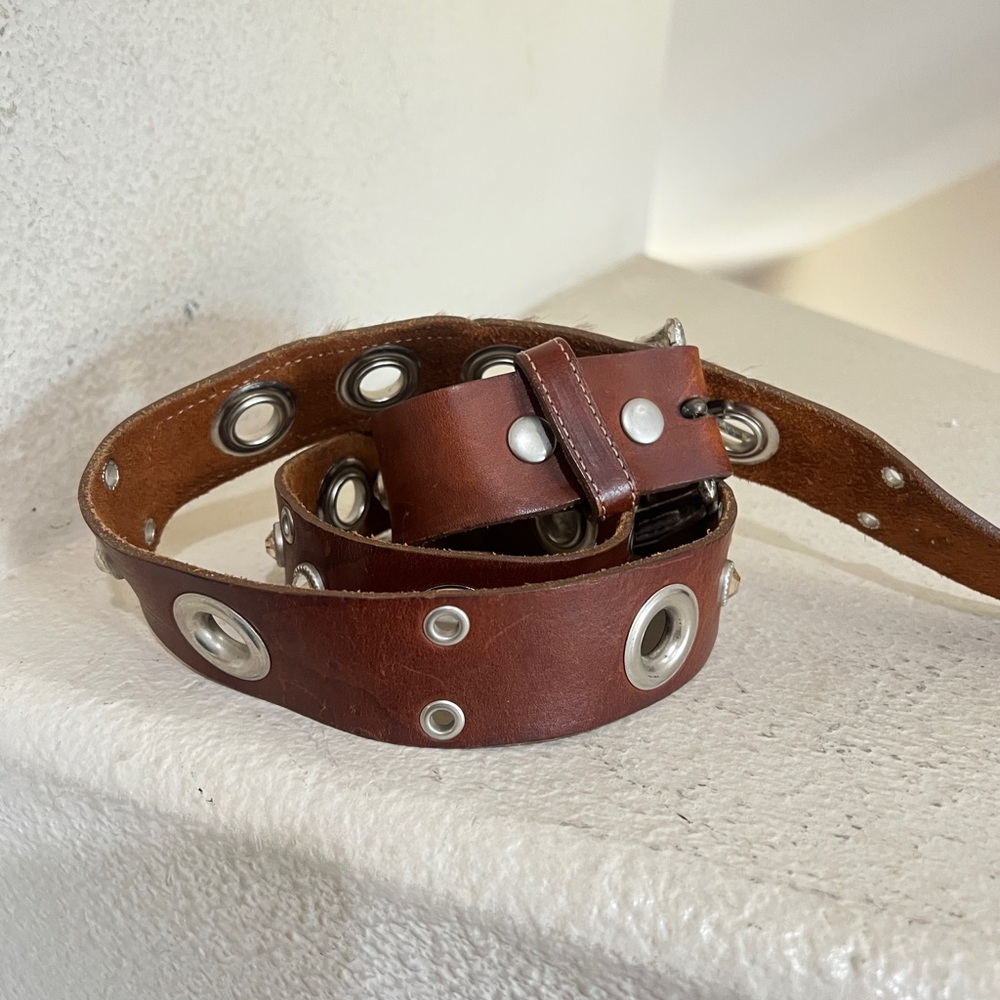 Unisex Leather studded cowhide western cowboy brown belt medium festival - Picture 4 of 16